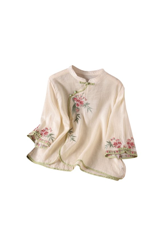 2026 Women T-Shirts Summer Ethnic Embroidered Slant PlacketToggle Buttons Linen leeve Trendy Outfits Beige M