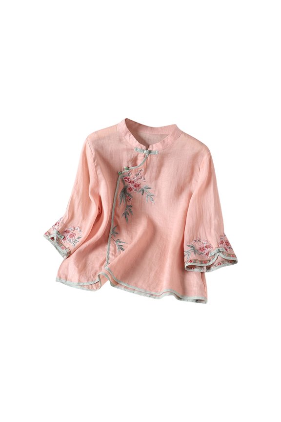 2026 Women T-Shirts Summer Ethnic Embroidered Slant PlacketToggle Buttons Linen leeve Trendy Outfits Pink 4XL