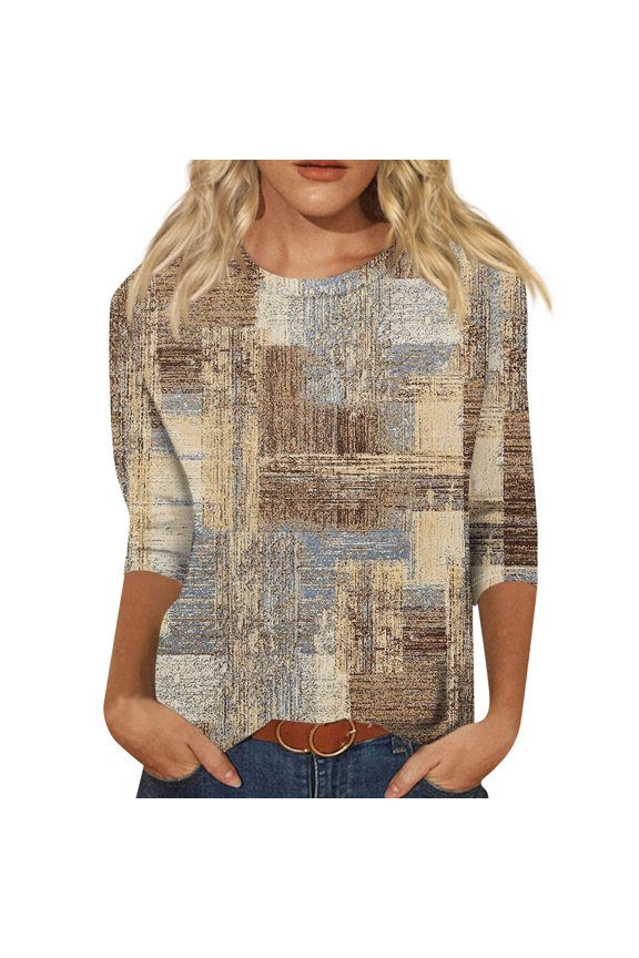 2026 Women T-Shirts leeve Round Neck Casual Plus Autumn Loose Three Point Sleeve Dressy Blouse Beige S