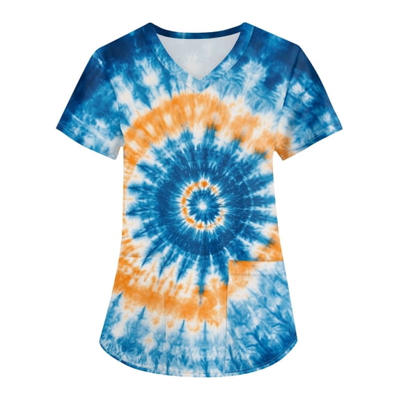 Women Tie Dye Gradient Print Scrub Tops, V-Neck Short Sleeve Medical Workwear with Storage Pockets Blue M