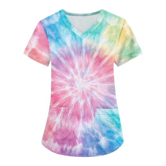 2026 Women Tie Dye Gradient Print Scrub Tops, V-Neck Short Sleeve Medical Workwear with Storage Pockets Pink S