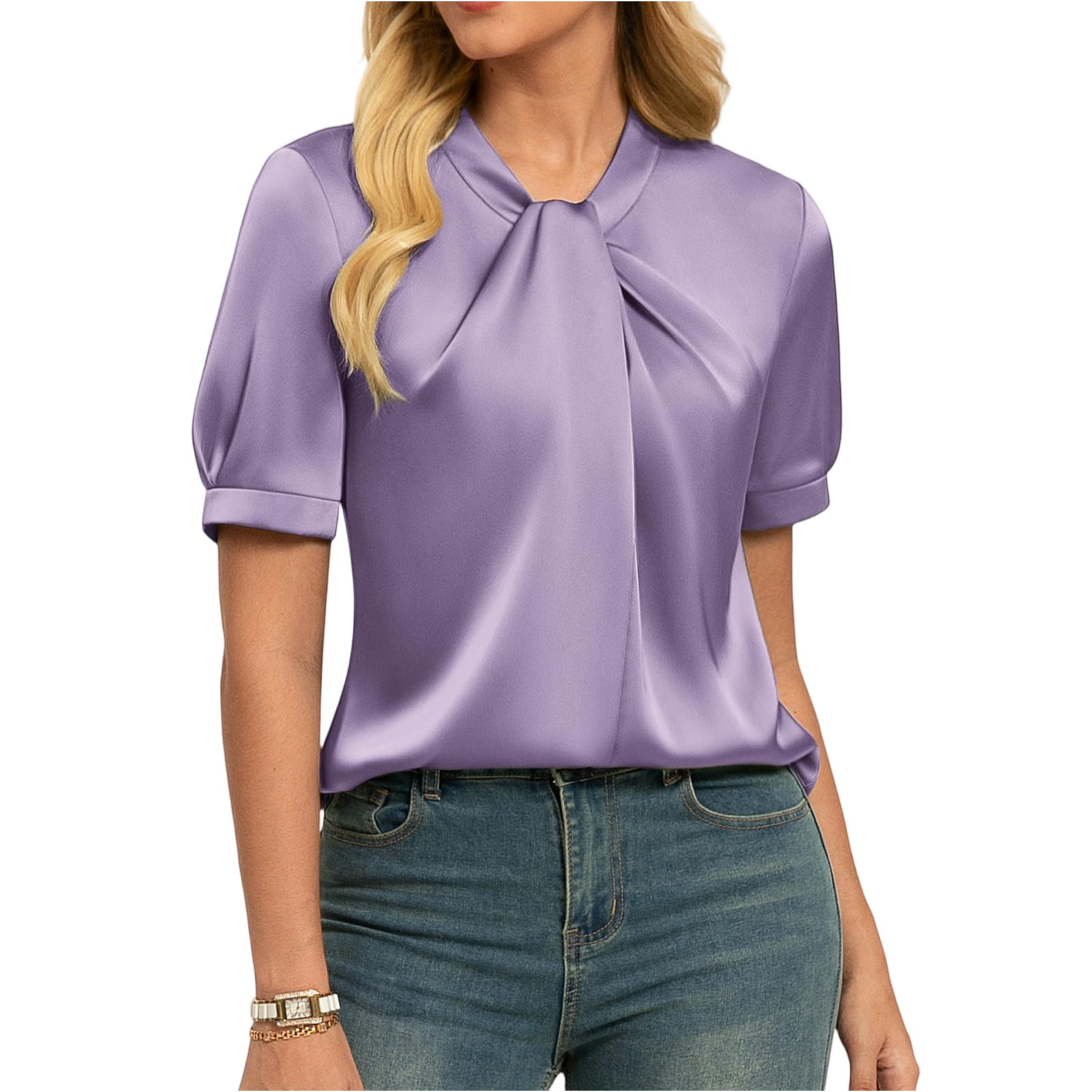 2026 Women Tops Short Sleeve Blouse Mock Neck Work Shirts Business ...