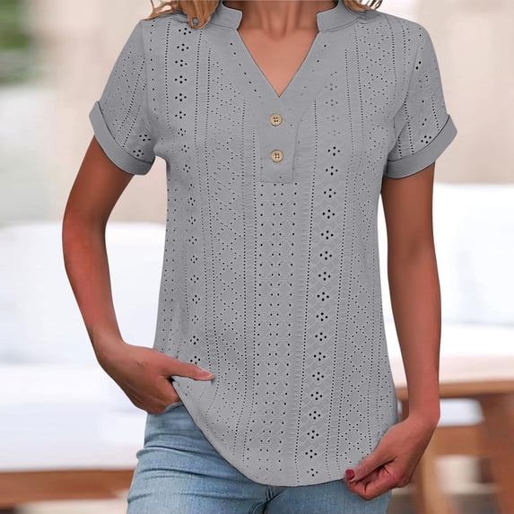 Dress Blouses For Women 2026.2026 Women Tops Short Sleeve Henley V Neck Eyelet Shirts Dressy Blouses ...
