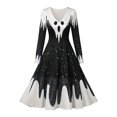 thumbnail image 1 of 2026 Women V Neck Long Sleeve Gothic Midi Dress, Halloween Spooky Skull Print Retro Flared A Line Dress, 1 of 5