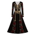 thumbnail image 1 of 2026 Women V Neck Long Sleeve Gothic Midi Dress, Halloween Spooky Skull Print Retro Flared A Line Dress, 1 of 4