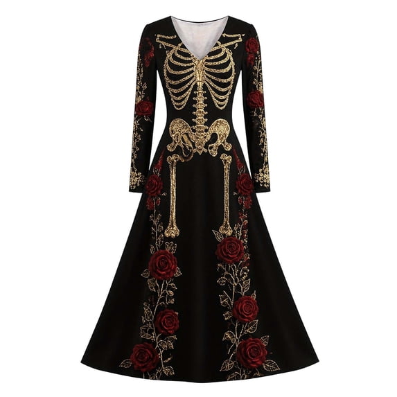 2026 Women V Neck Long Sleeve Gothic Midi Dress, Halloween Spooky Skull Print Retro Flared A Line Dress