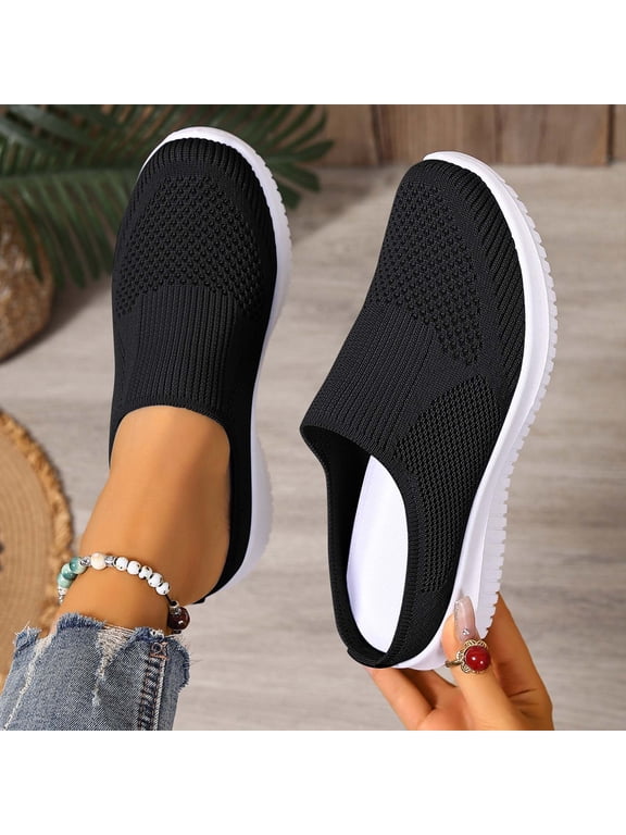 2026 Women's Breathable Knit Slip-On Walking Shoes, Comfortable Backless Mules Sneakers, Lightweight Orthopedic Casual Loafers with Arch Support for Summer Daily Wear