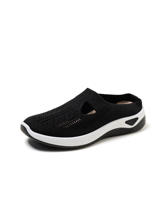 2026 Women's Breathable Knit Slip-On Walking Shoes Orthopedic Slide on Backless Tennis Sneakers Loafers Casual Slip on Mules Flats Memory Foam Slip in Clogs Summer Arch Support Ladies Dressy