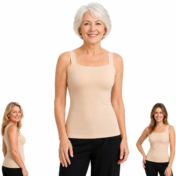 2026 Women's Built-In Bra Tank Top, Seamless Square Neck Camisole, Sleeveless Stretch Cami with Light Support