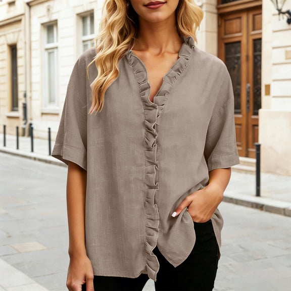 2026 Women's Casual Denim V-Neck Ruffled Shirt Blouse, Short Sleeve Ruffled Edge Jean Top, Loose Fit Casual Denim Blouse