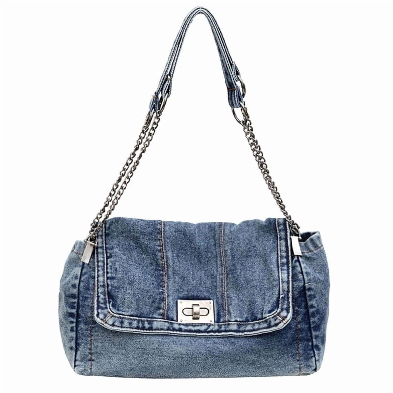 2026 Women's Casual Retro Denim Tote Bag, Lightweight Quilted Crossbody Purse with Chain Strap