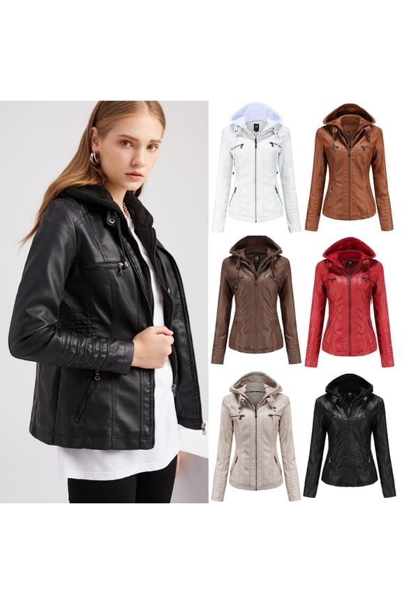 2026 Women's Leather Jacket, Belt Slim Suit, Stand Collar Coat, Motorcycle Style Outerwear