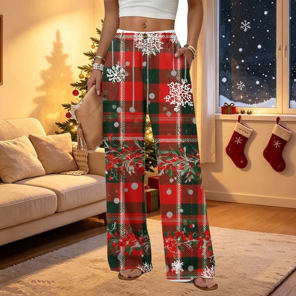 2026 Women's Loose Fit Christmas Print Pajama Pants for Sleep and Casual Home Wear Comfy Long Wide Leg Lounge Pants