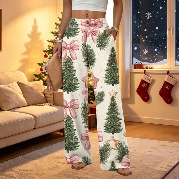 2026 Women's Loose Fit Christmas Print Pajama Pants for Sleep and Casual Home Wear Comfy Long Wide Leg Lounge Pants