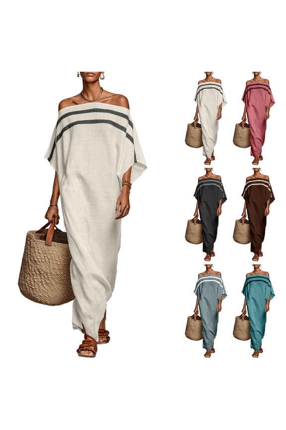 2026 Women's Minimalist Linen Dress, Off-The-Shoulder Batwing Sleeve Striped Patchwork Straight-Cut Loose Long Maxi Dress, Off Shoulder Striped Vacation Loose Sundress Black L