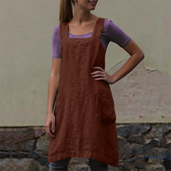 2026 Women's Pinafore Square Apron Baking Cooking Gardening Works Cross Back Cotton Linen Blend Dress with 2 Pockets Khaki S