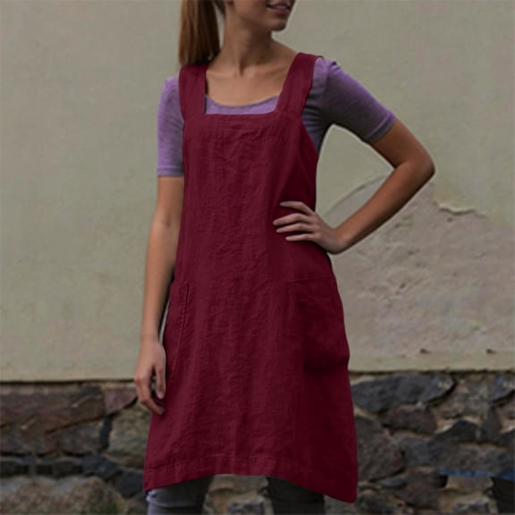 2026 Women's Pinafore Square Apron Baking Cooking Gardening Works Cross Back Cotton Linen Blend Dress with 2 Pockets Wine 2XL