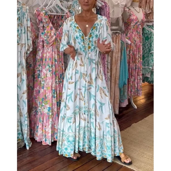 2026 Women's Printed Belted Puff Sleeve Three-Quarter Sleeve Dress