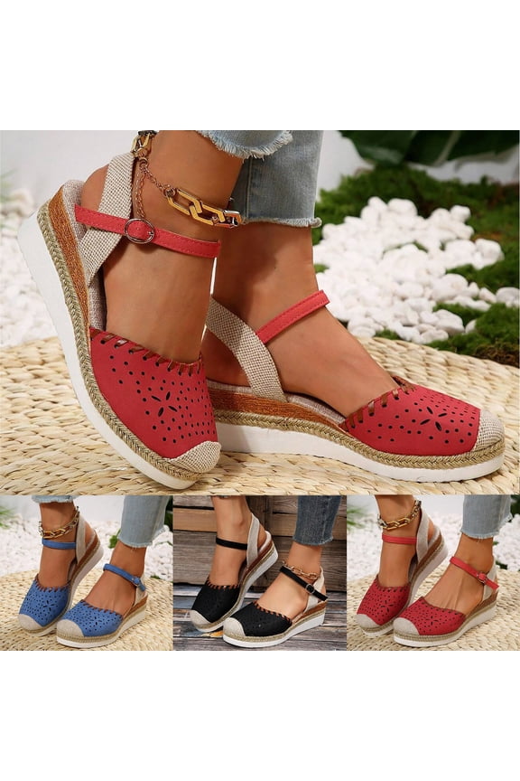 2026 Women's Retro Platform Sandals Closed Toe Canvas Summer Dressy Adjustable Ankle Strap Wedge Heels Travel Dress Shoes Red Size 8