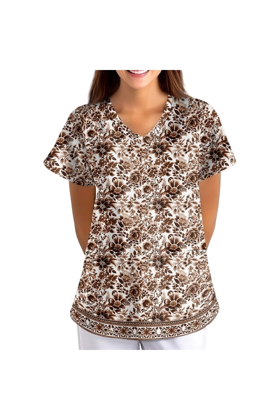 2026 Women's Scrubs Top Floral Print V-Neck Scrub Nursing Tunic Medical Uniform Short Sleeve Tee Tops Workwear with Pockets S-5XL