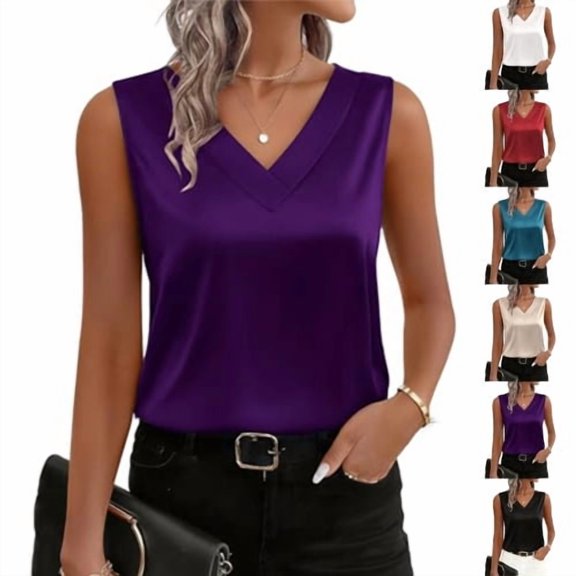 2026 Women's Silk Satin V Neck Sleeveless Business Work Casual Dressy Summer Blouses, Dark Purple XXL