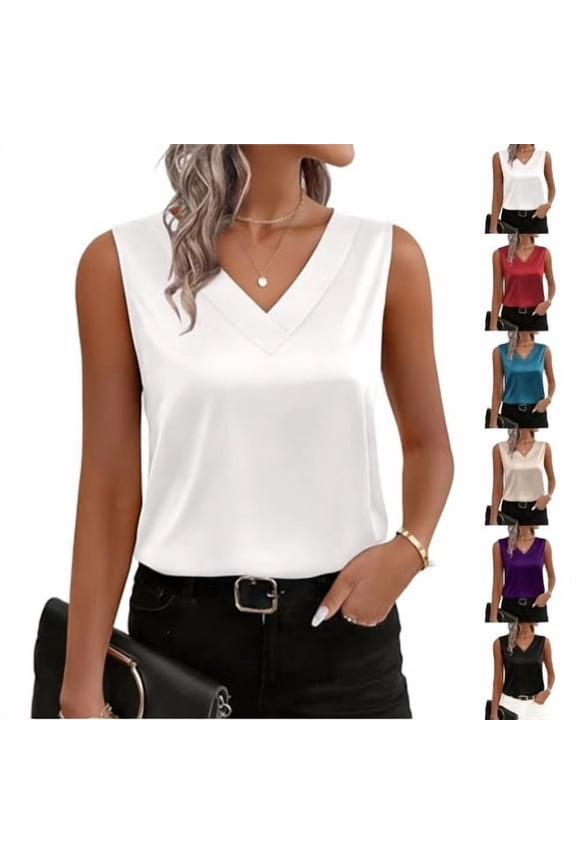 2026 Women's Silk Satin V Neck Sleeveless Business Work Casual Dressy Summer Blouses, White M