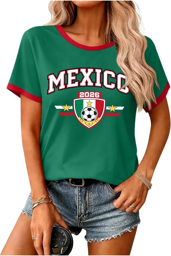 2026 Women's Soccer Cup Mexico Jersey Y2K V-Neck Graphic T-Shirt - Football Shirt Short Sleeve Streetwear Top for Summer - L