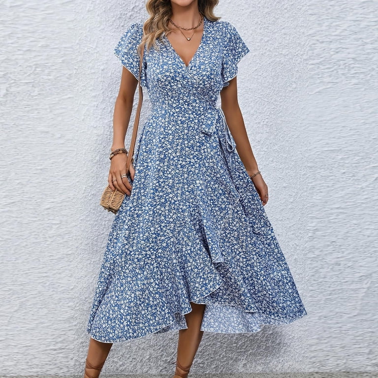floral dress for graduation guest Women's Spring Summer Boho Print V-Neck Faux Wrap Maxi Wedding Guest, Graduation, Party LONG-GOWN