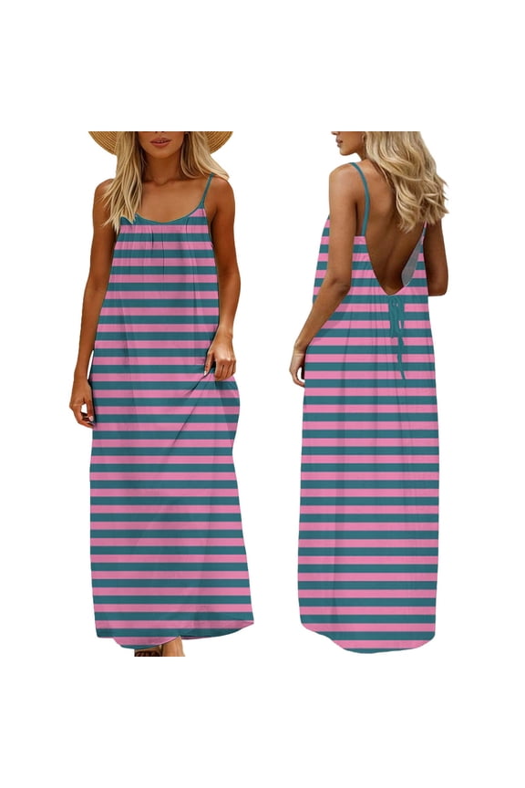 2026 Women's Stripe Maxi Dresses Casual Long Summer Sun Dresses 2026 Spaghetti Strap Hawaiian Vacation Outfits