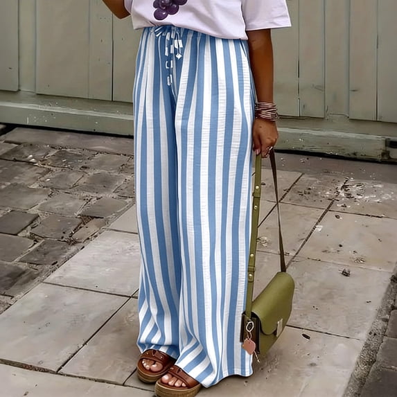 2026 Women's Summer Striped Pants Loose Straight Leg Wide Leg Pants Drawstring Elastic Palazzo Lounge Beach Vacation Trousers S