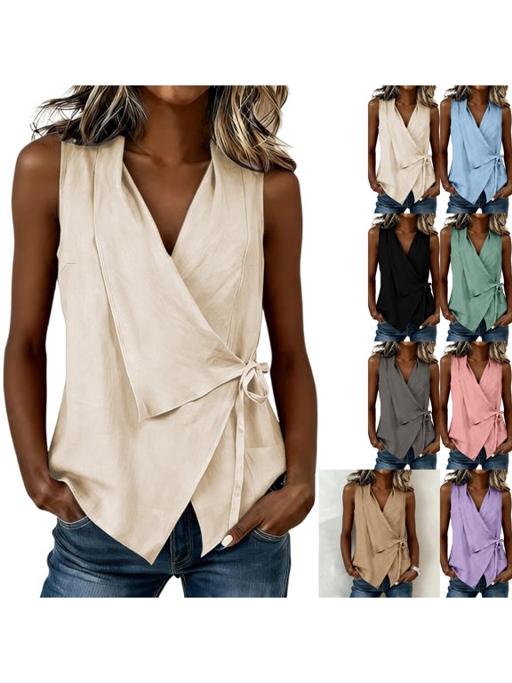 2026 Women’s Summer Wrap Tank Top Ruched Tie Side V Neck Sleeveless Casual Vacation Blouses Loose Fit Beige S