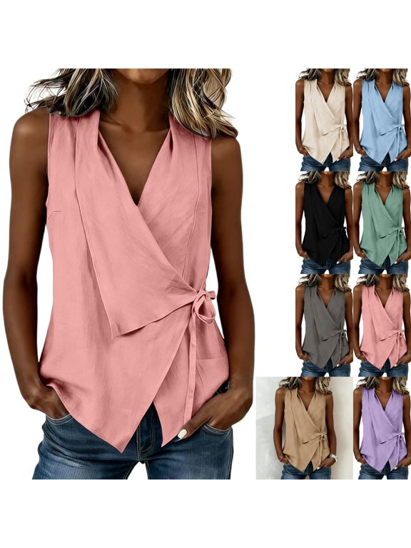 2026 Women’s Summer Wrap Tank Top Ruched Tie Side V Neck Sleeveless Casual Vacation Blouses Loose Fit Pink S