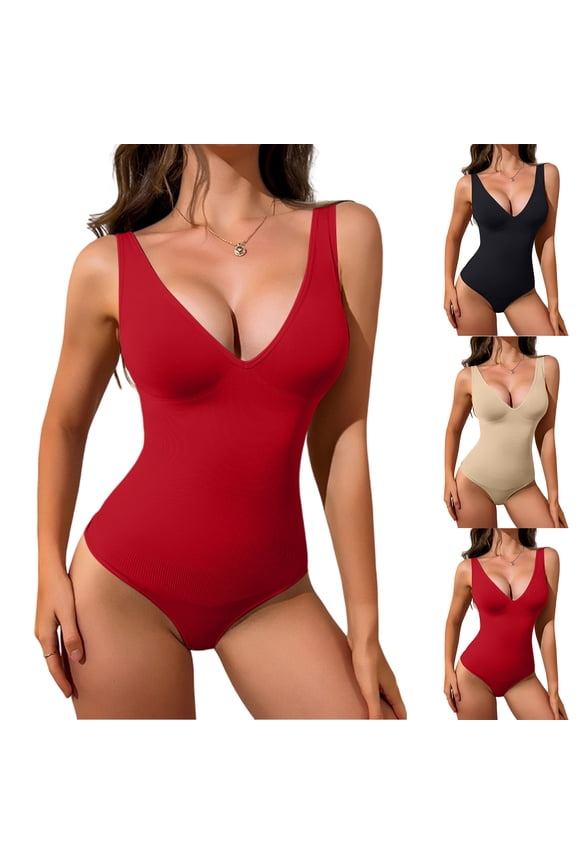 2026 Women's V Neck Body Shaper Backless Tummy Control Shapewear, Corset Body Shaper Tops, Yoga Gym Onesie Sexy Tight Seamless Slip Bodysuit Red M