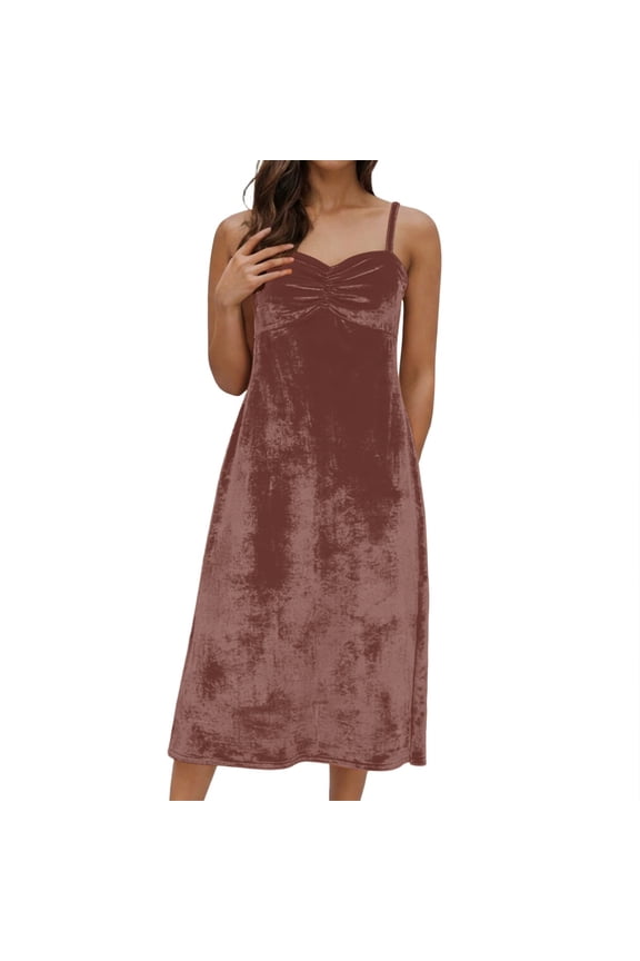 2026 Women's Velvet Dresses Spaghetti Straps V Neck Sleeveless Club Party Pleated Swing Skater Dress
