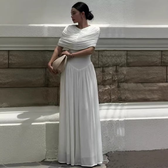 2026 Women's White Ruched Cape Sleeve High Waist Flowy Maxi Dress