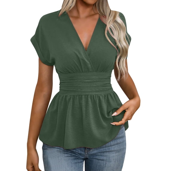 2026 Women's Wrap V-Neck Peplum Tops Elegant Short Sleeve T-Shirt Fashion Ruched Ruffle Business Shirts,Green,M