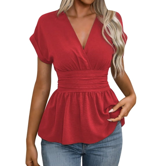 2026 Women's Wrap V-Neck Peplum Tops Elegant Short Sleeve T-Shirt Fashion Ruched Ruffle Business Shirts,Red,L
