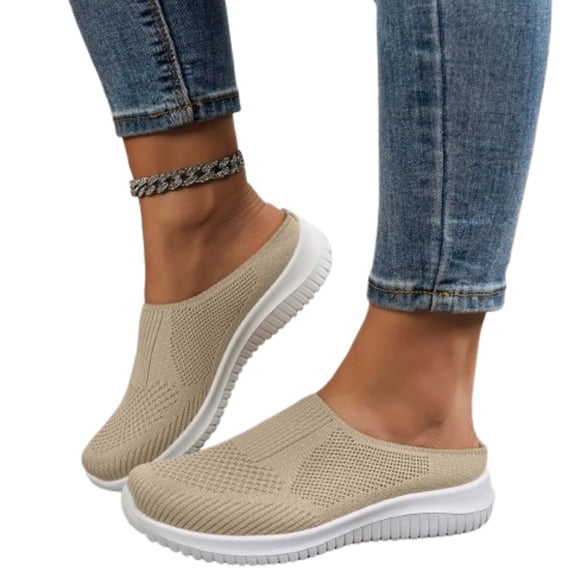 2026 Womens Breathable Knit Slip-On Walking Shoes Comfortable Summer Slip on Loafers Width Orthopedic Casual Backless Sneakers Dressy Flat Clogs Tennis Mules and Slide in with Arch Support,Beige#41