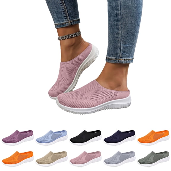 2026 Womens Breathable Knit Slip-On Walking Shoes Comfortable Summer Slip on Loafers Width Orthopedic Casual Backless Sneakers Dressy Flat Clogs Tennis Mules and Slide in with Arch Support