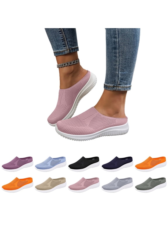 2026 Womens Breathable Knit Slip-On Walking Shoes Comfortable Summer Slip on Loafers Width Orthopedic Casual Backless Sneakers Dressy Flat Clogs Tennis Mules and Slide in with Arch Support