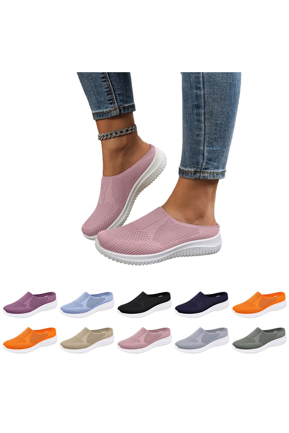 2026 Womens Breathable Knit Slip On Walking Shoes Comfortable Summer Slip On Loafers Wide Width Orthopedic Casual Backless Sneakers Dressy Flat Clogs Tennis Mules With Arch Support