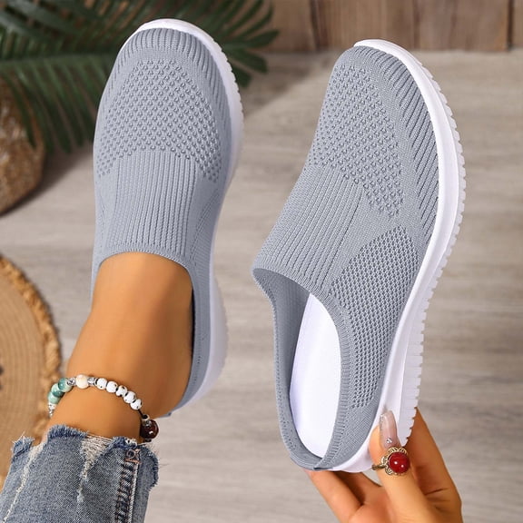 2026 Womens Breathable Knit Slip On Walking Shoes Comfortable Summer Slip on Loafers Width Orthopedic Casual Backless Sneakers Dressy Flat Clogs Tennis Mules and Slide in with Arch Support US Size: 9
