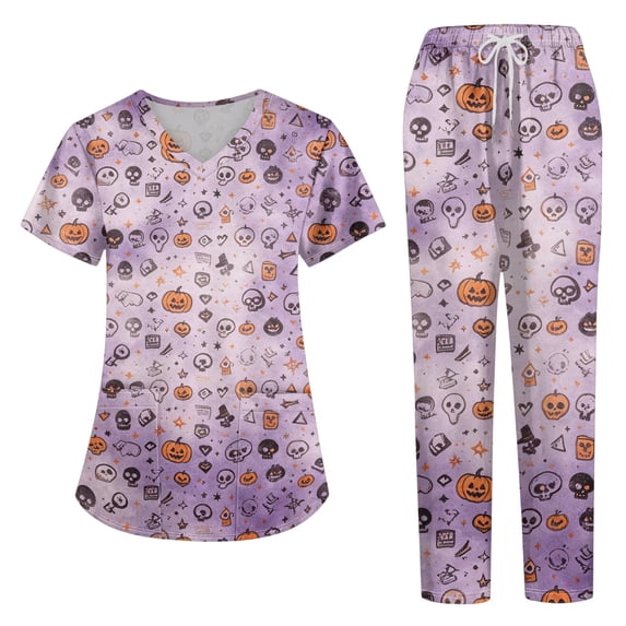 2026 Womens Halloween Scrub Set, V-Neck Short Sleeve Top & Pants Medical Uniform for Nurses, Healthcare Workers with Pockets, 02-Saffron, L