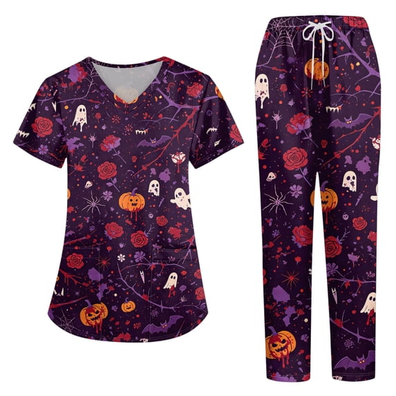 2026 Womens Halloween Scrub Set, V-Neck Short Sleeve Top & Pants Medical Uniform for Nurses, Healthcare Workers with Pockets, 02-Wine, XXL