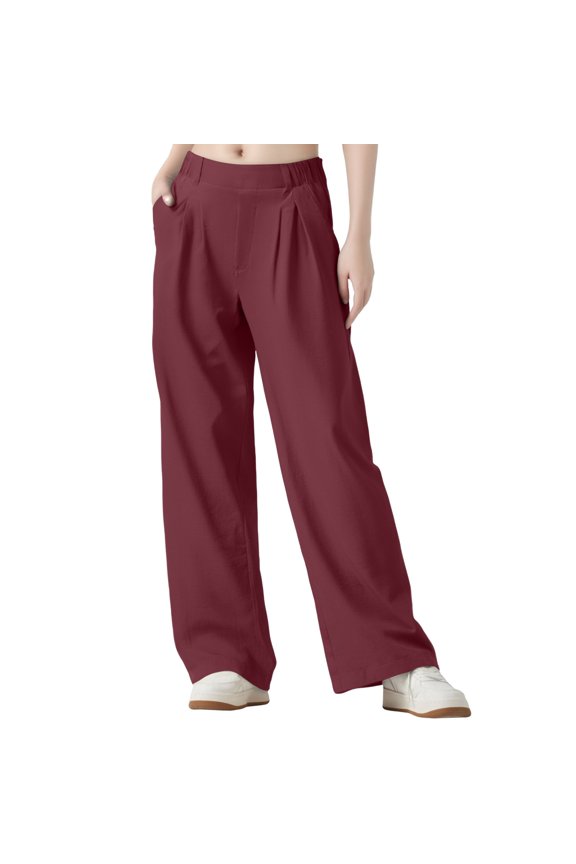 2026 Womens Lounge Formal Pants - Spring Soft Drawstring High Waisted Lightweight Casual Pants with Pockets,Wide Leg Linen Pants,Relaxed Ankle Length Wide Leg Fashion Pants for Womens Wine Size:M