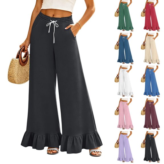 2026 Womens Palazzo Lounge Pants Drawstring Elastic High Waisted Ruffle Hem Wide Leg Pants with Pockets Black S
