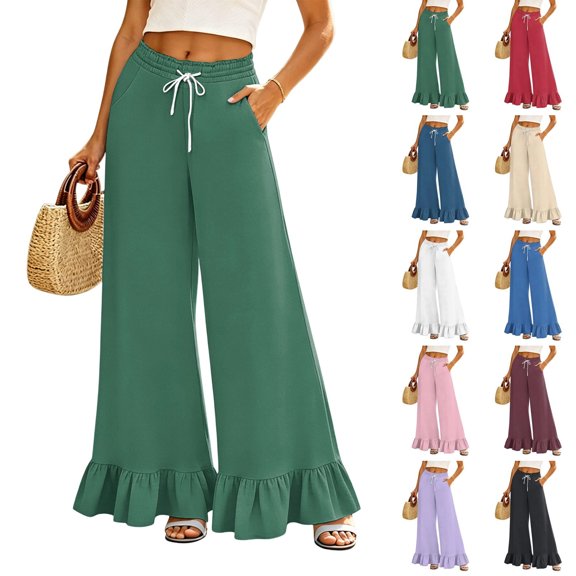 2026 Womens Palazzo Lounge Pants Drawstring Elastic High Waisted Ruffle Hem Wide Leg Pants with Pockets Dark Green M