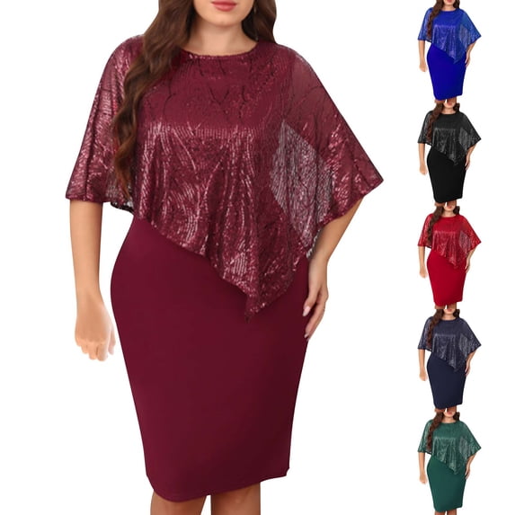 2026 Womens Plus Size Summer Fashion Dresses Solid Color Plus Size Bead Patchwork Irregular Dress