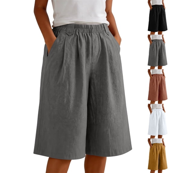2026 Womens Plus Size Summer Shorts with Pockets 100% Cotton High Waist Wide Leg Shorts Elastic Waist Pleated Culottes for Casual & Office Wear