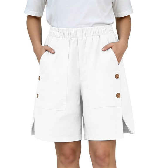 2026 Womens Summer Shorts with Pockets 100% Cotton Cargo Style Button Detail Shorts Elastic Waist Wide Leg Bottoms